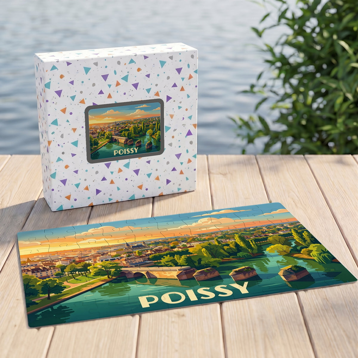 Puzzle souvenir de la ville de Poissy avec une illustration colorée représentant un pont sur la Seine.