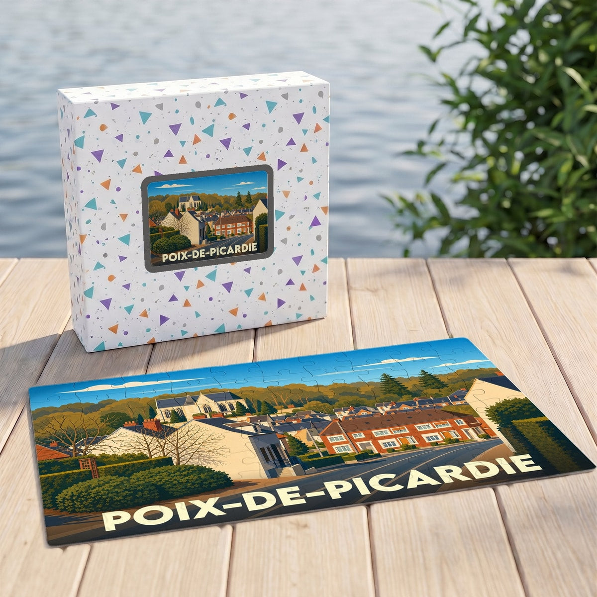 Puzzle souvenir de la ville de Poix-de-Picardie avec une illustration stylisée et colorée.