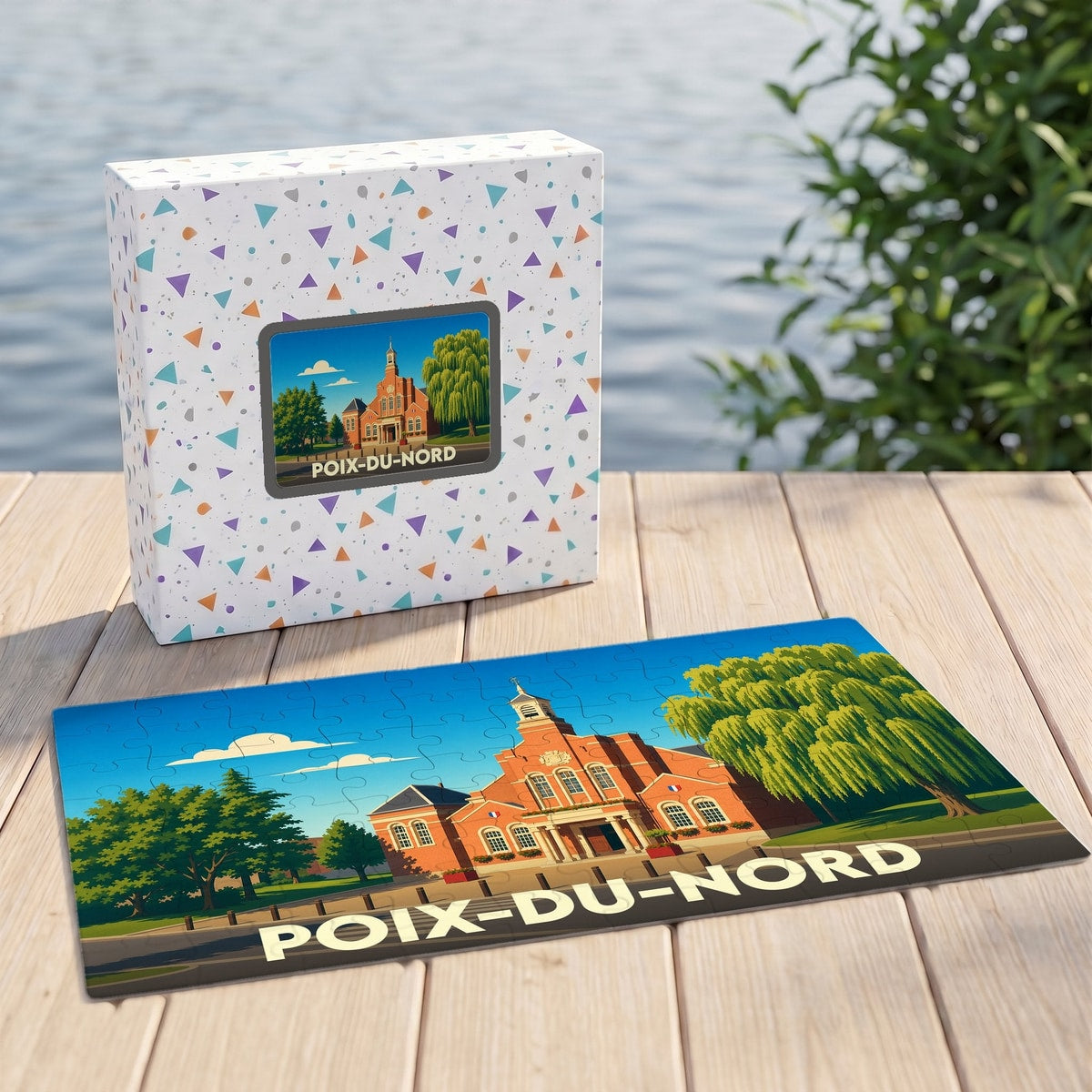 Puzzle souvenir de la ville de Poix-du-Nord avec une illustration colorée et stylisée de son hôtel de ville.