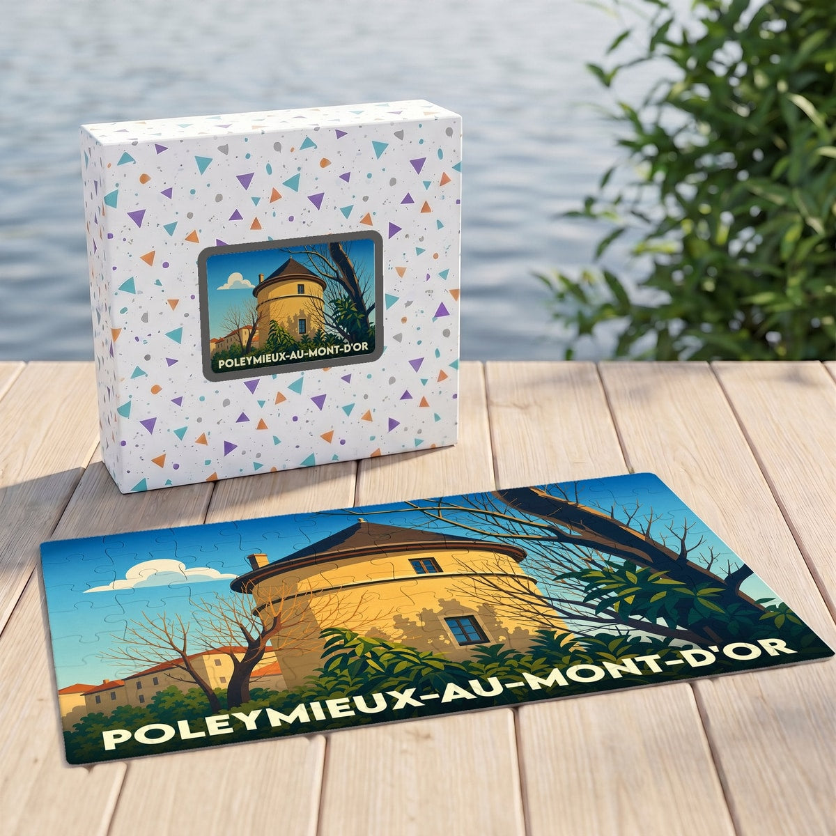Puzzle souvenir de la ville de Poleymieux-au-Mont-d'Or avec une illustration stylisée de sa tour emblématique.