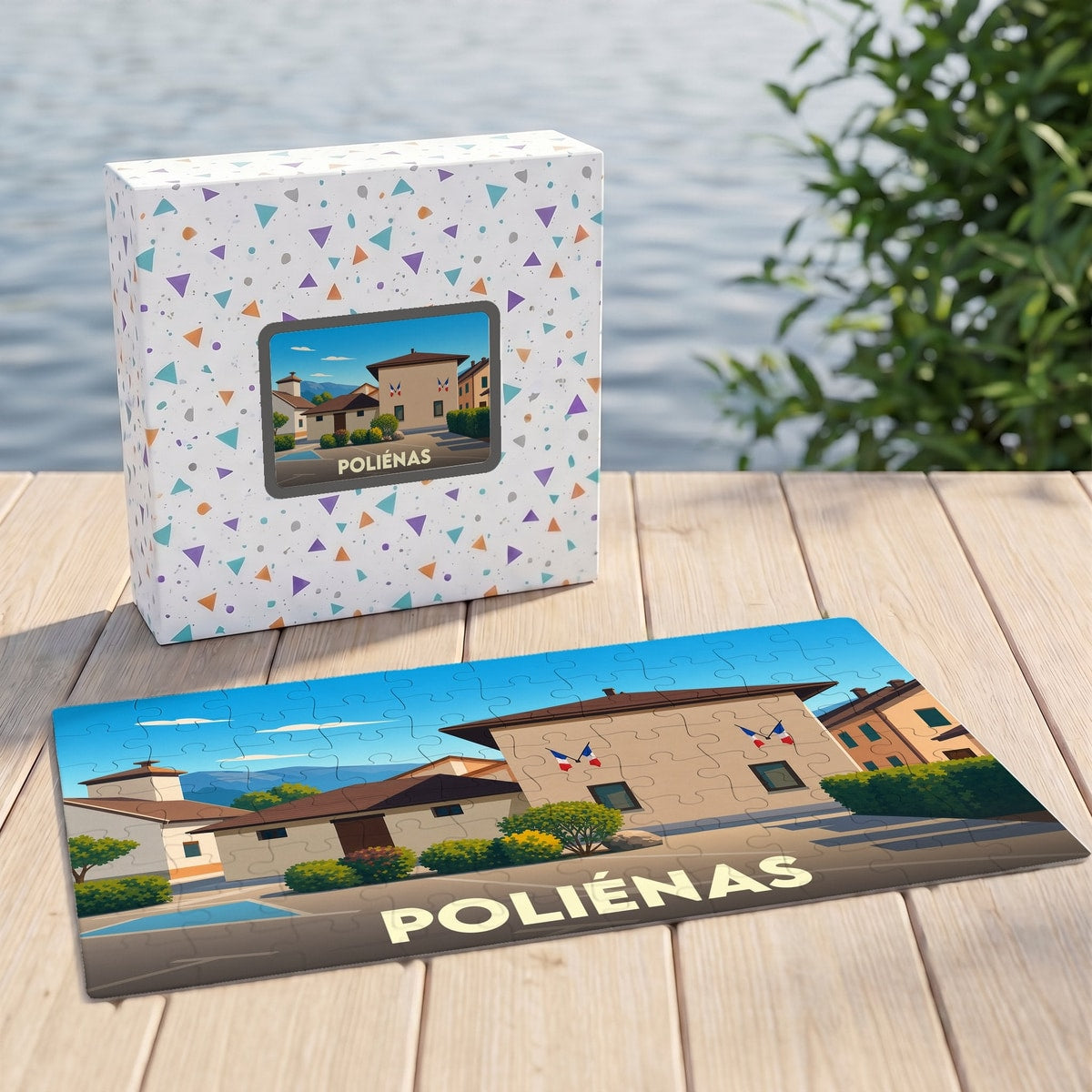 Puzzle souvenir de la ville de Poliénas avec une illustration stylisée et sa boîte assortie.