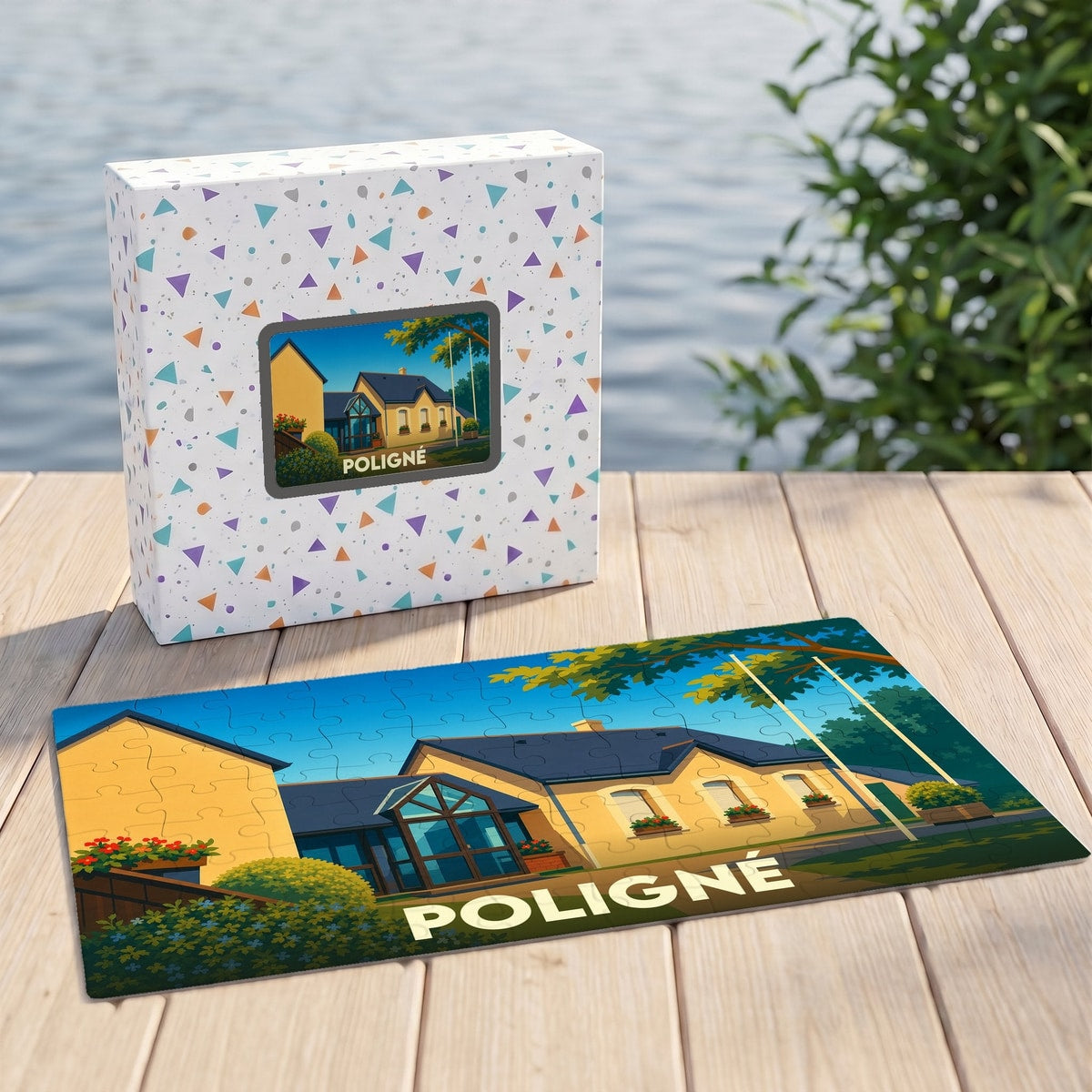 Puzzle souvenir de la ville de Poligné présentant une illustration stylisée d'une maison régionale.