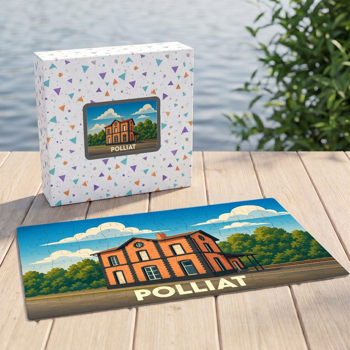 Puzzle souvenir de la ville de Polliat avec une illustration stylisée de son ancienne gare.
