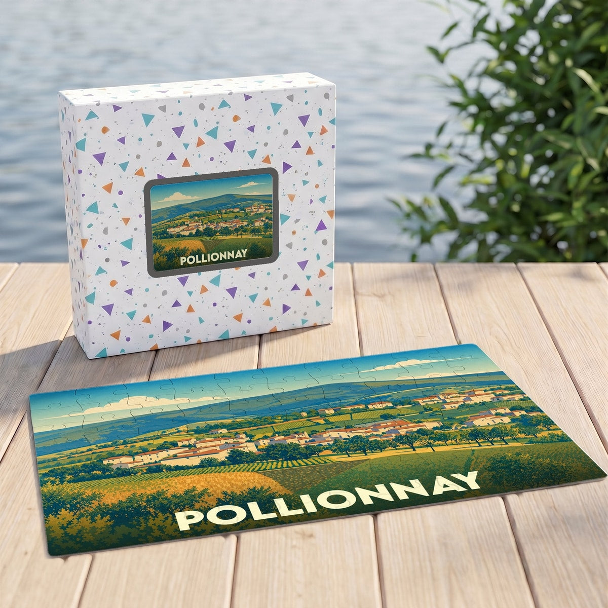Puzzle souvenir de la ville de Pollionnay avec une illustration paysagère stylisée.