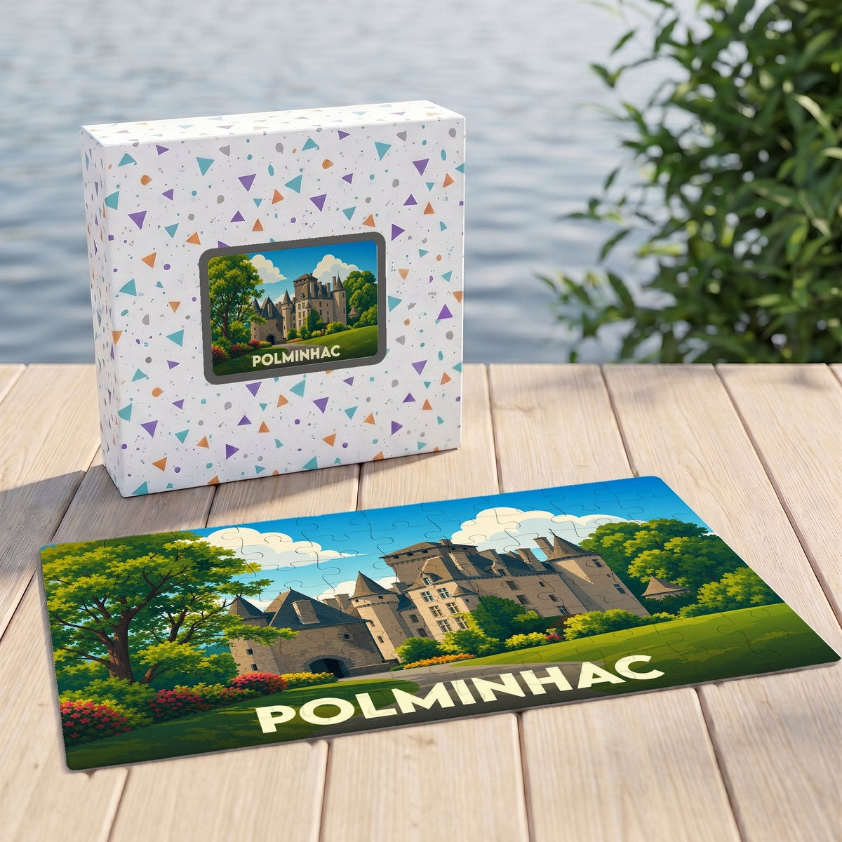 Puzzle souvenir de la ville de Polminhac avec une illustration stylisée de son château.