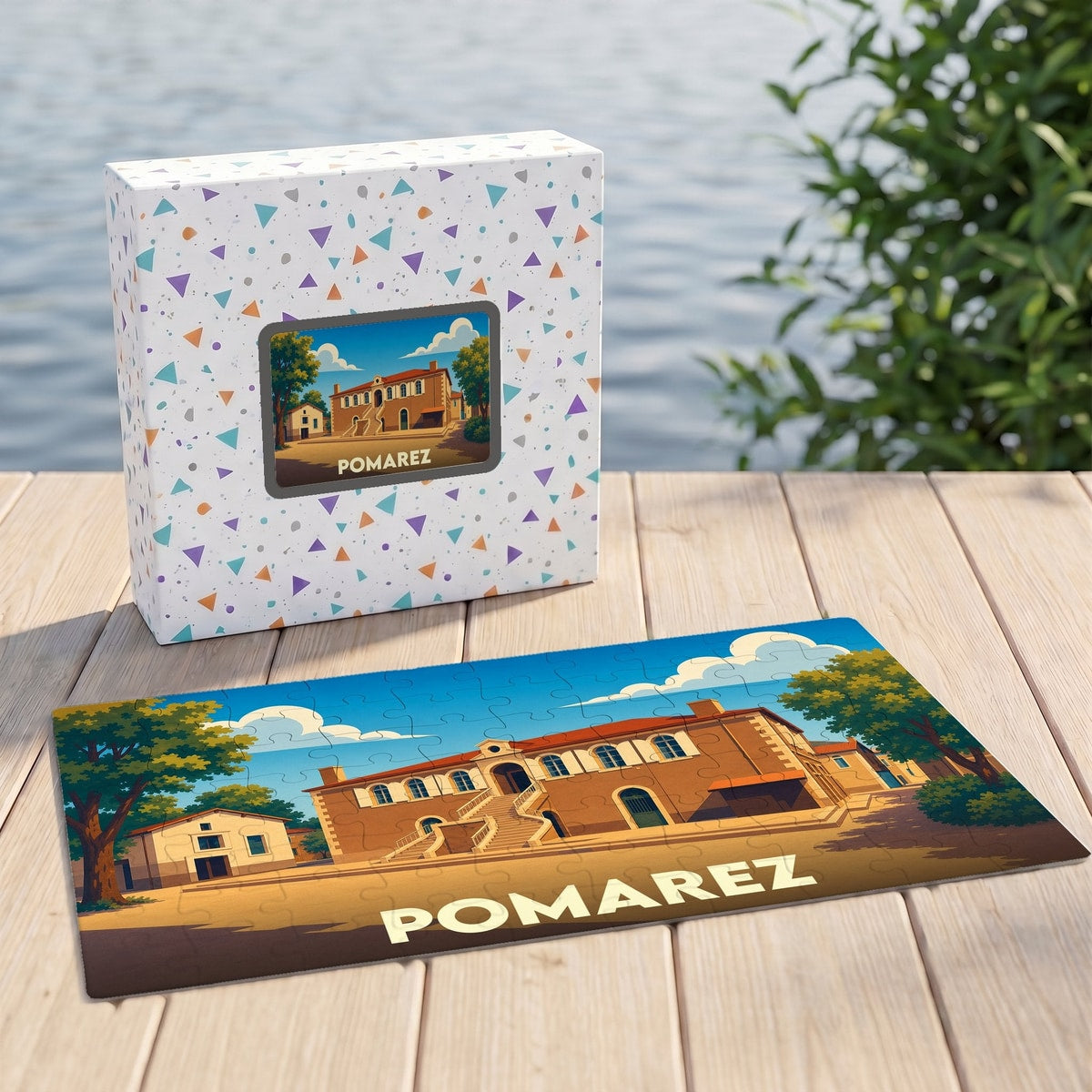 Puzzle souvenir de la ville de Pomarez avec une illustration stylisée de ses bâtiments emblématiques.