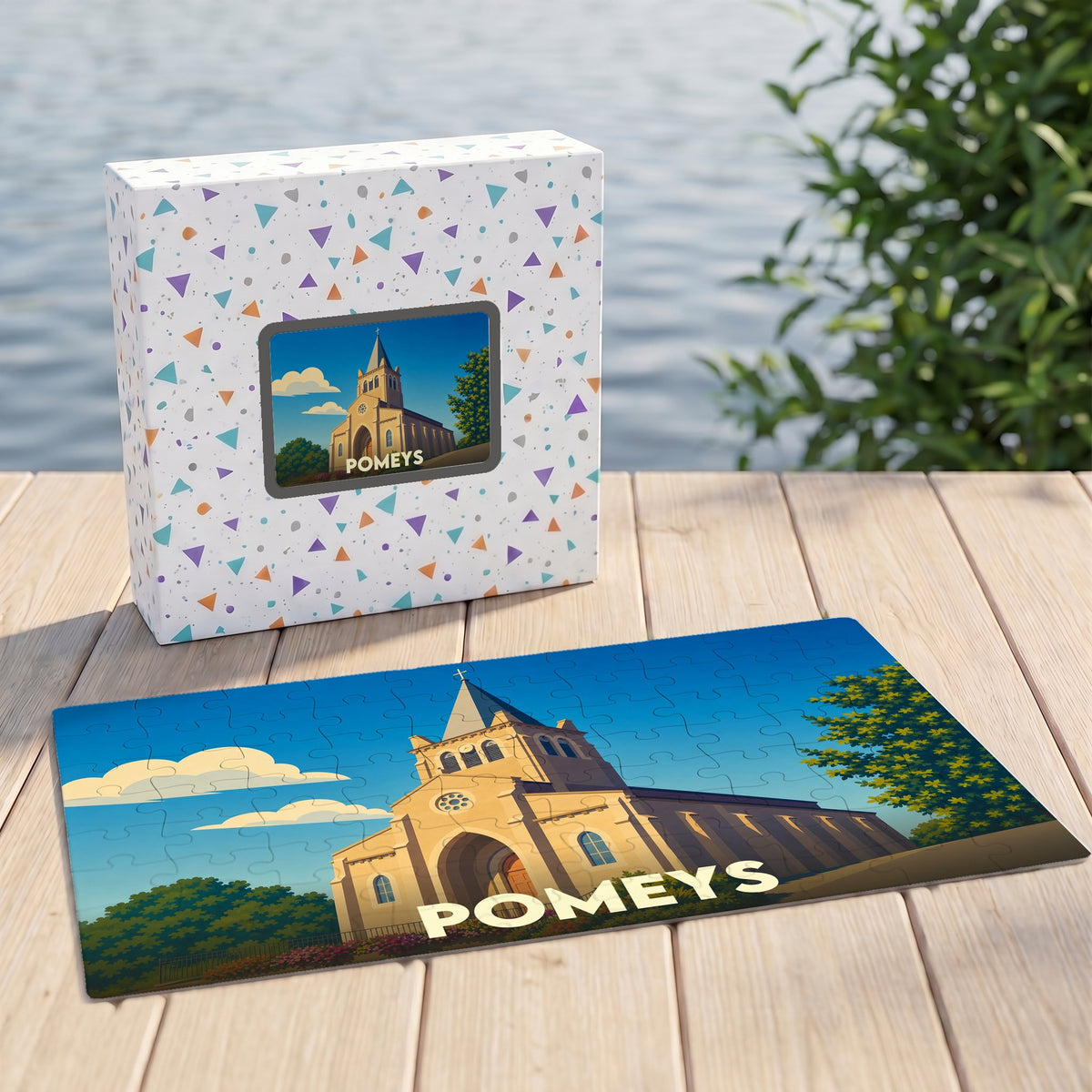 Puzzle souvenir de la ville de Pomeys avec une illustration stylisée d'une église.