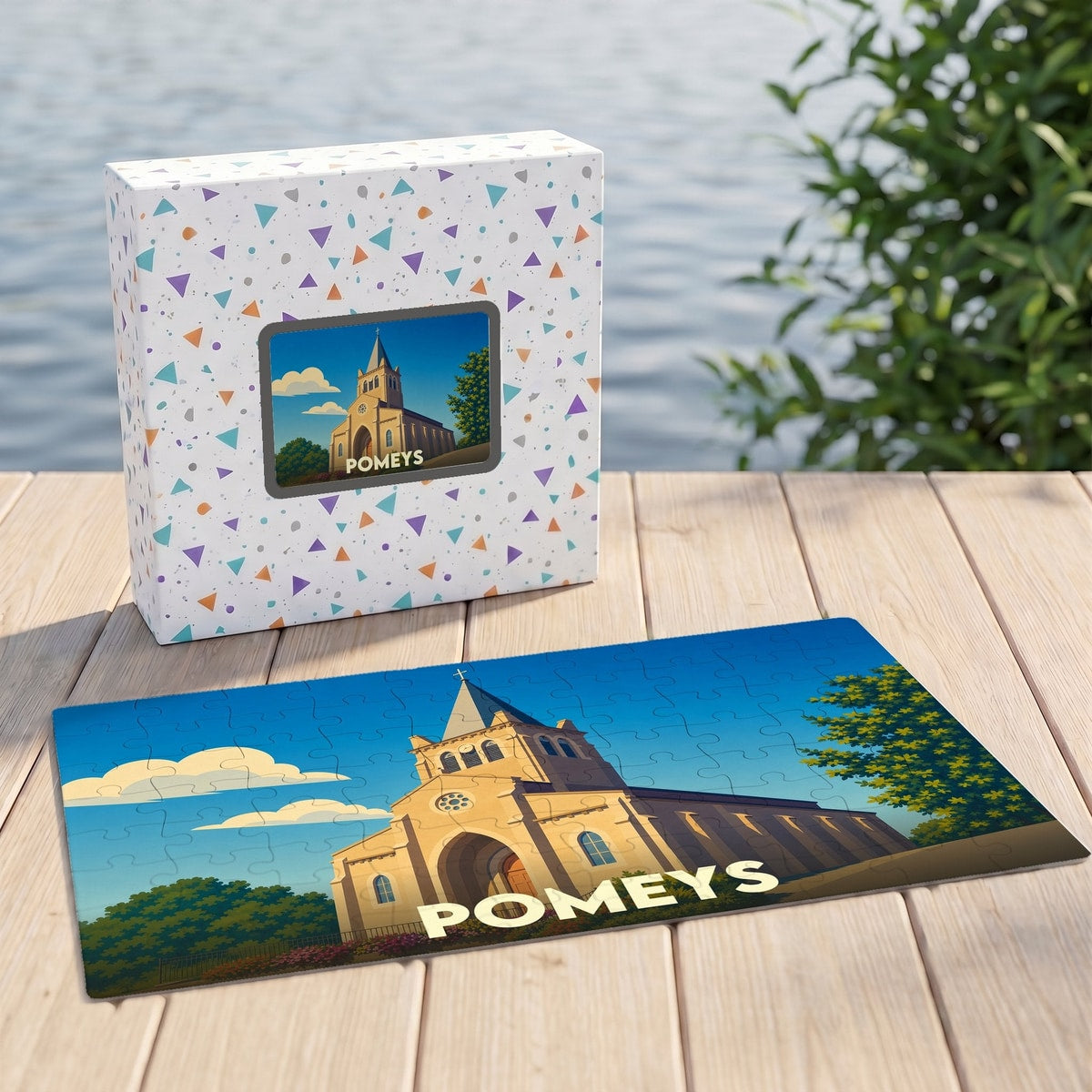 Puzzle souvenir de la ville de Pomeys avec une illustration stylisée d'une église.