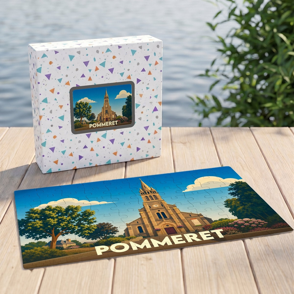 Puzzle souvenir de la ville de Pommeret avec une illustration stylisée de son église.