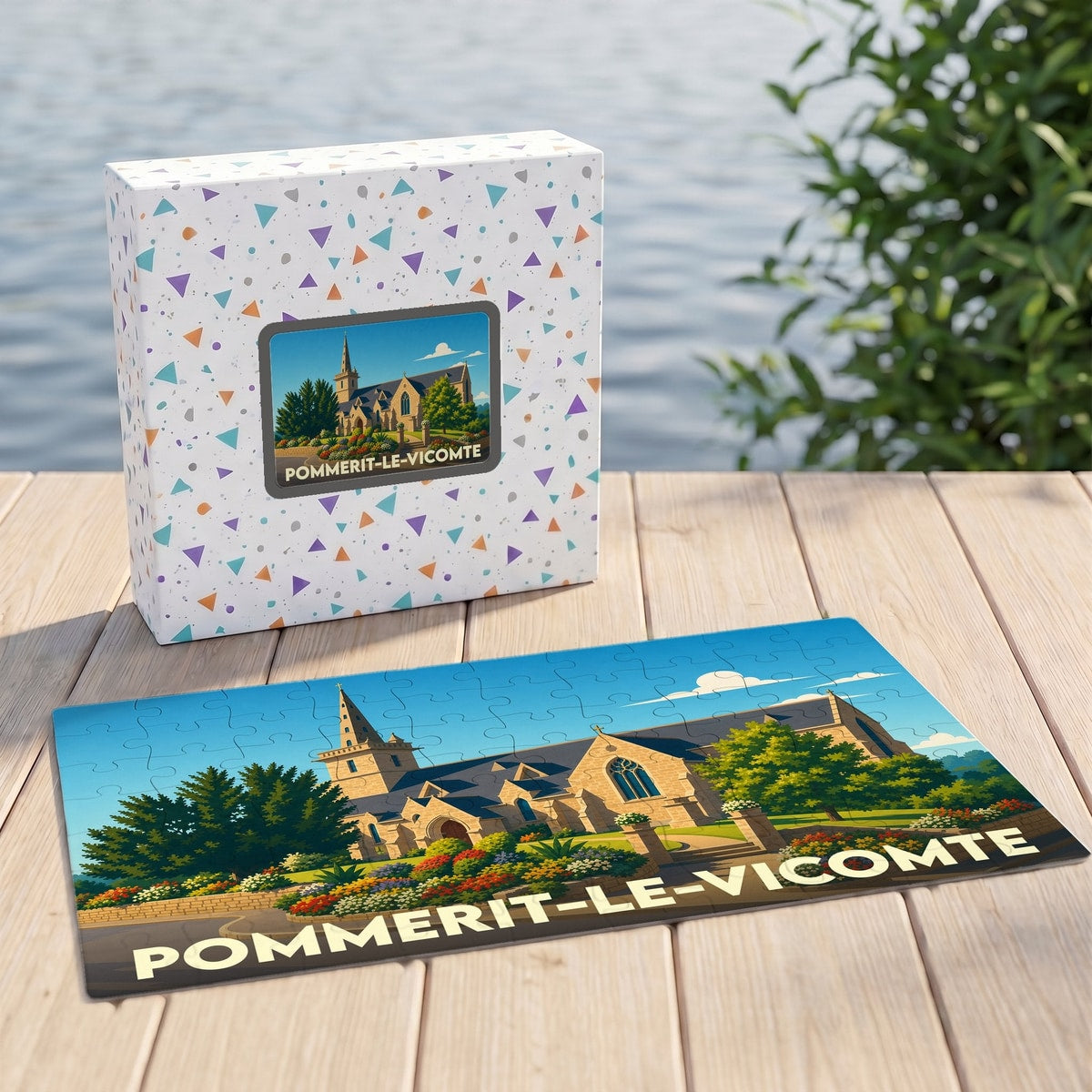 Puzzle souvenir de la ville de Pommerit-le-Vicomte avec une illustration stylisée de son église.