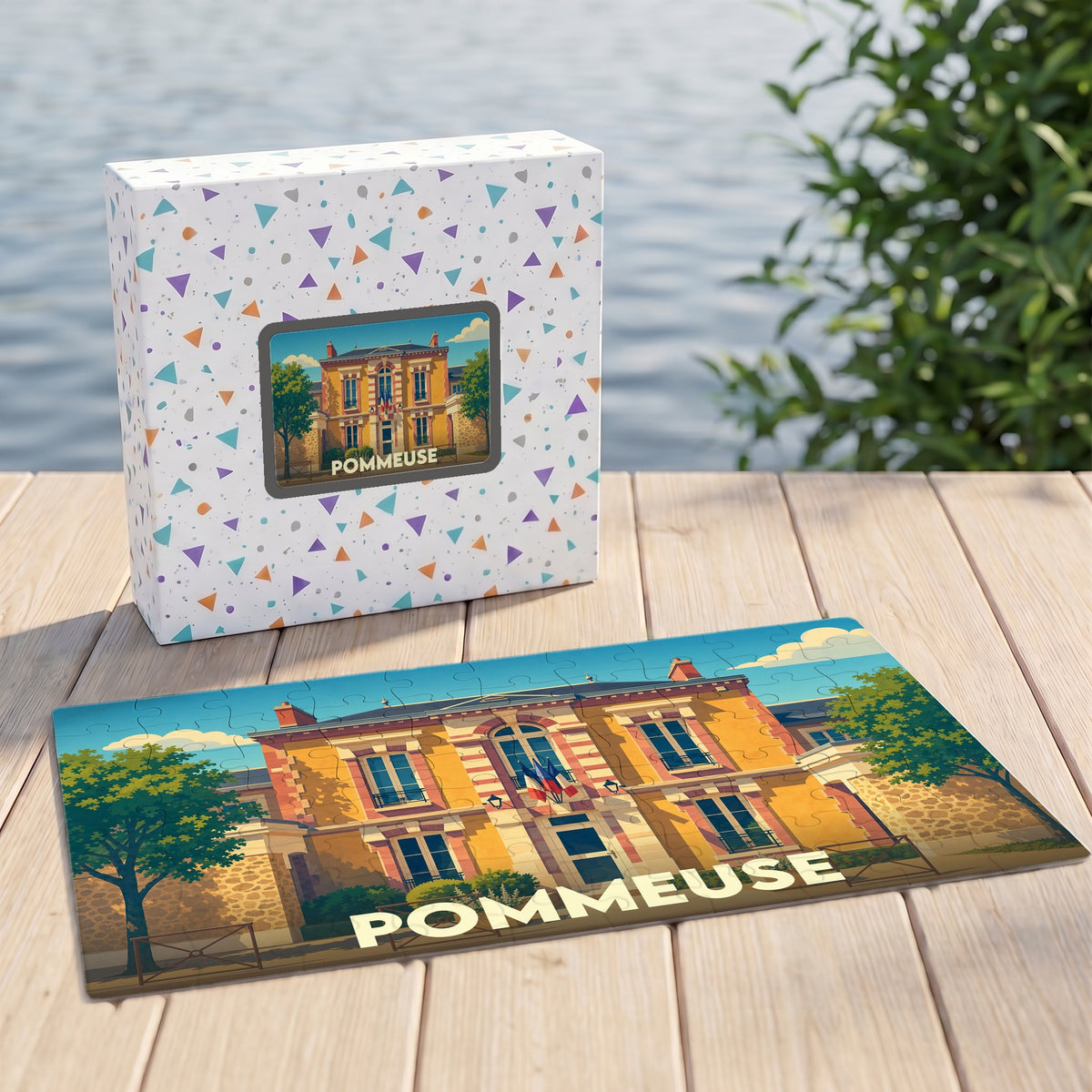 Puzzle souvenir de la ville de Pommeuse avec une illustration stylisée.