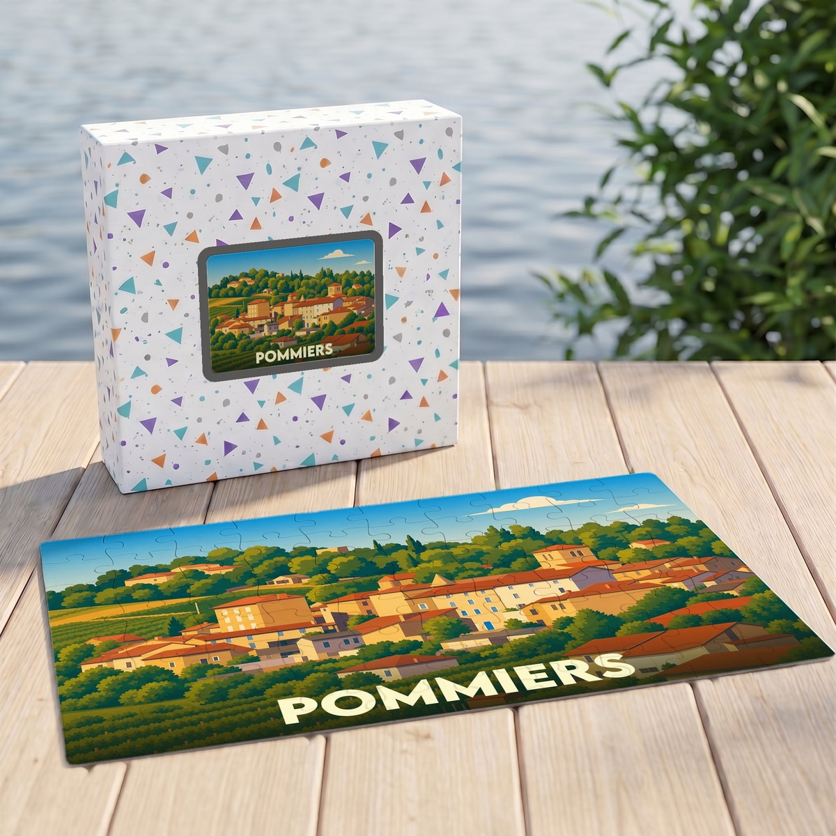 Puzzle souvenir de la ville de Pommiers avec une illustration stylisée de son paysage vallonné.