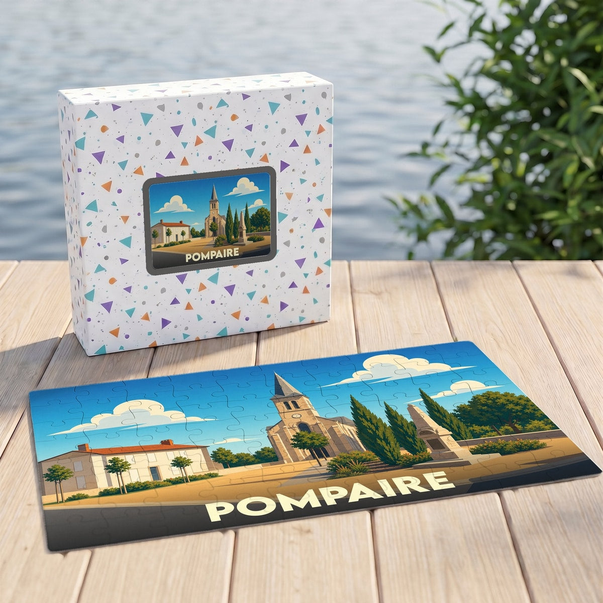 Puzzle souvenir de la ville de Pompaire avec une illustration stylisée d'une église et d'un paysage urbain.