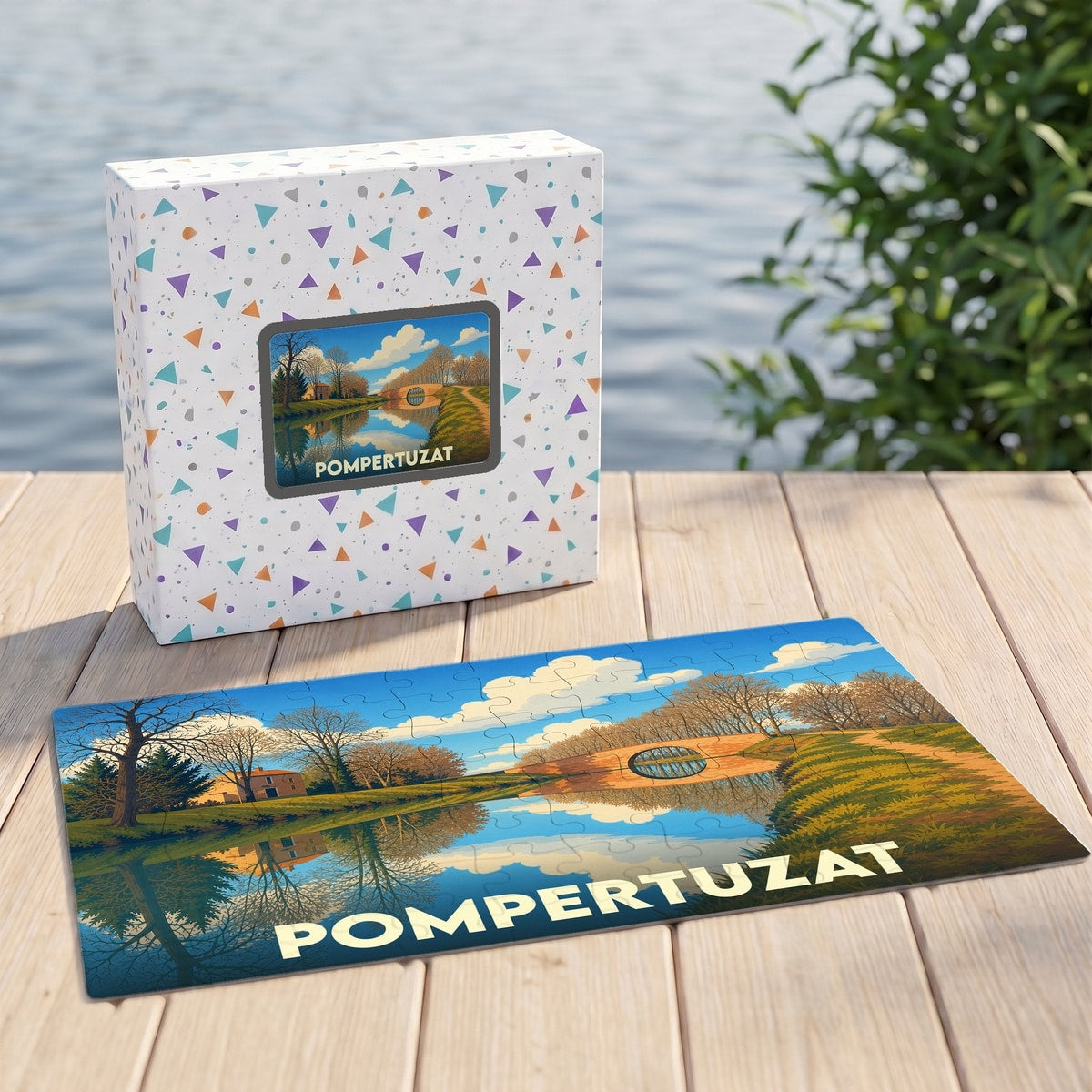 Puzzle souvenir de la ville de Pompertuzat avec une illustration stylisée d'un canal et de son pont.