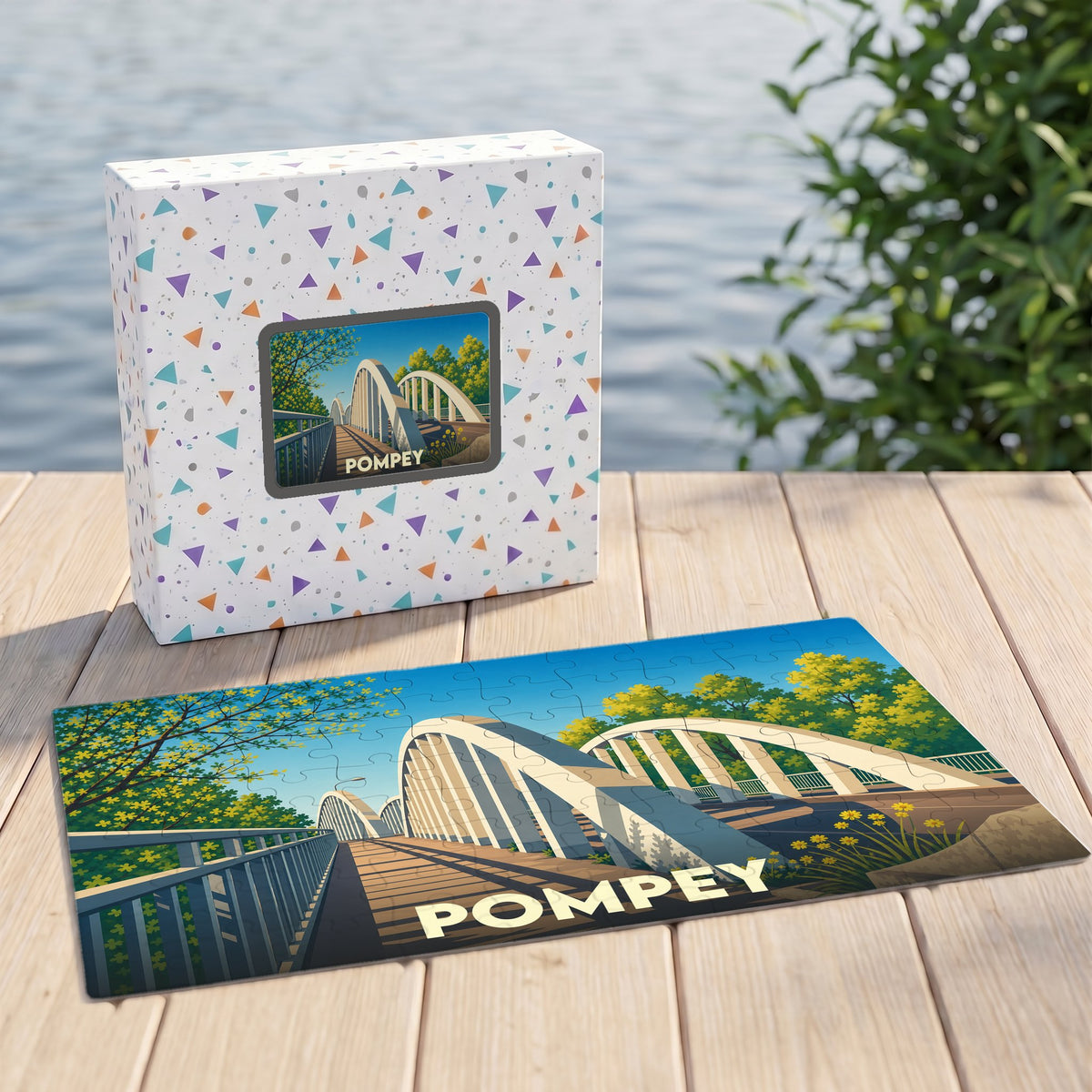 Puzzle souvenir de la ville de Pompey avec une illustration stylisée représentant un pont.