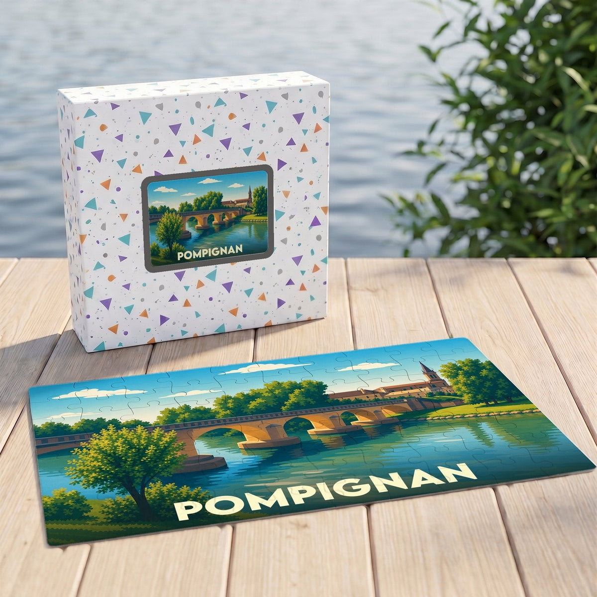Puzzle souvenir de la ville de Pompignan avec une illustration stylisée d'un pont au bord de l'eau.