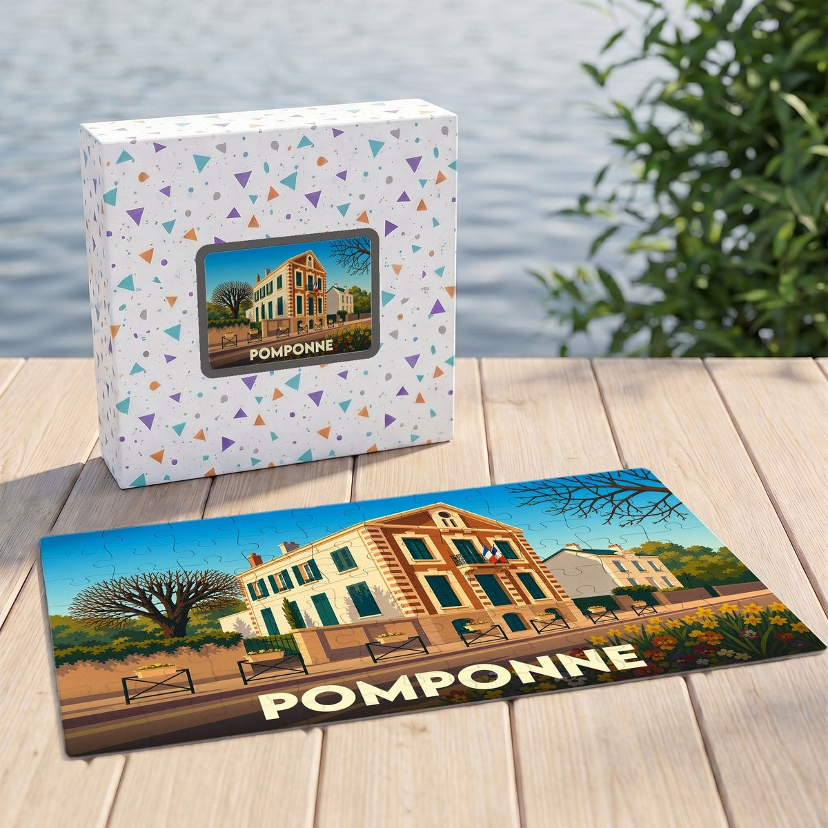 Puzzle souvenir de la ville de Pomponne avec une illustration stylisée et colorée.