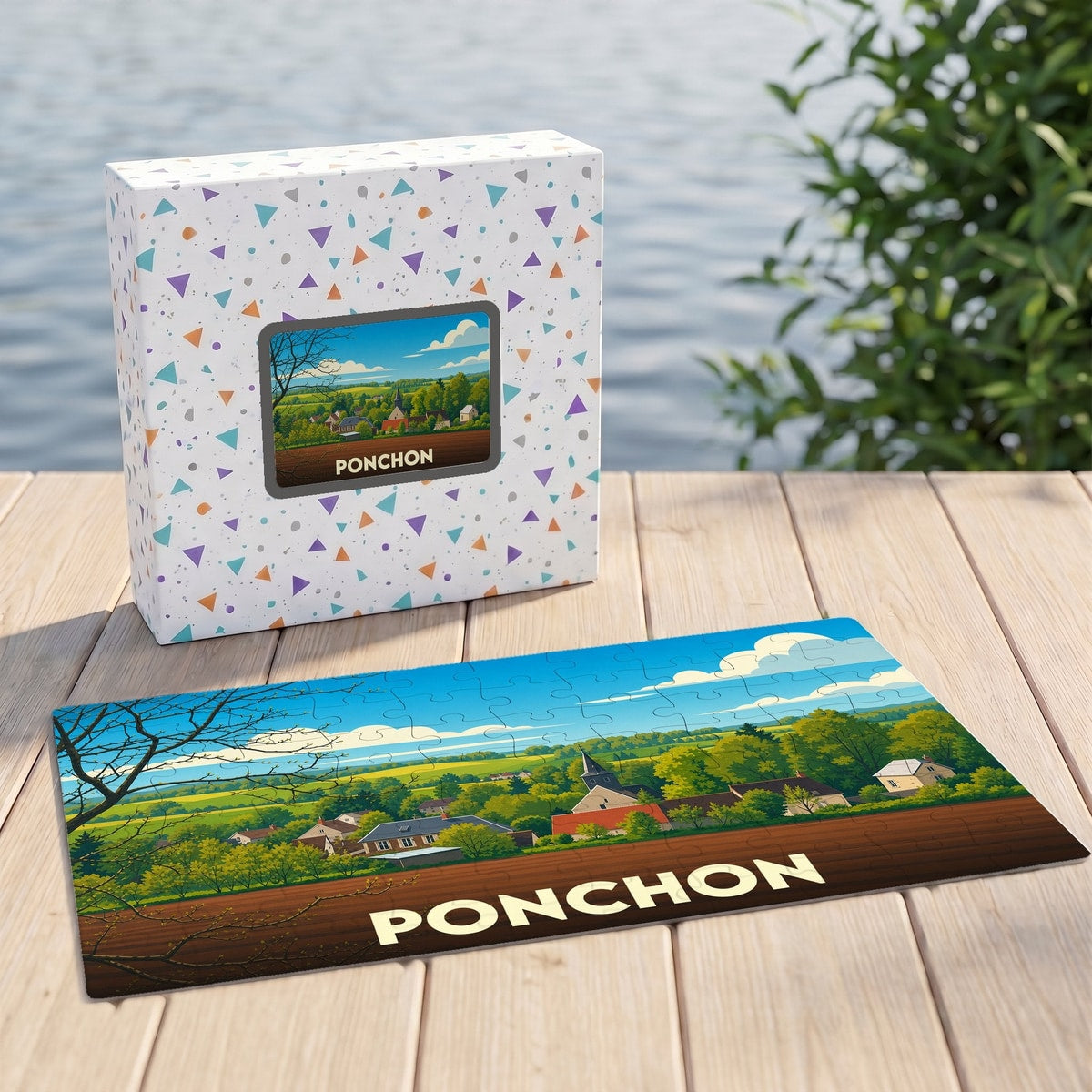 Puzzle souvenir de la ville de Ponchon avec une illustration stylisée de son paysage rural.