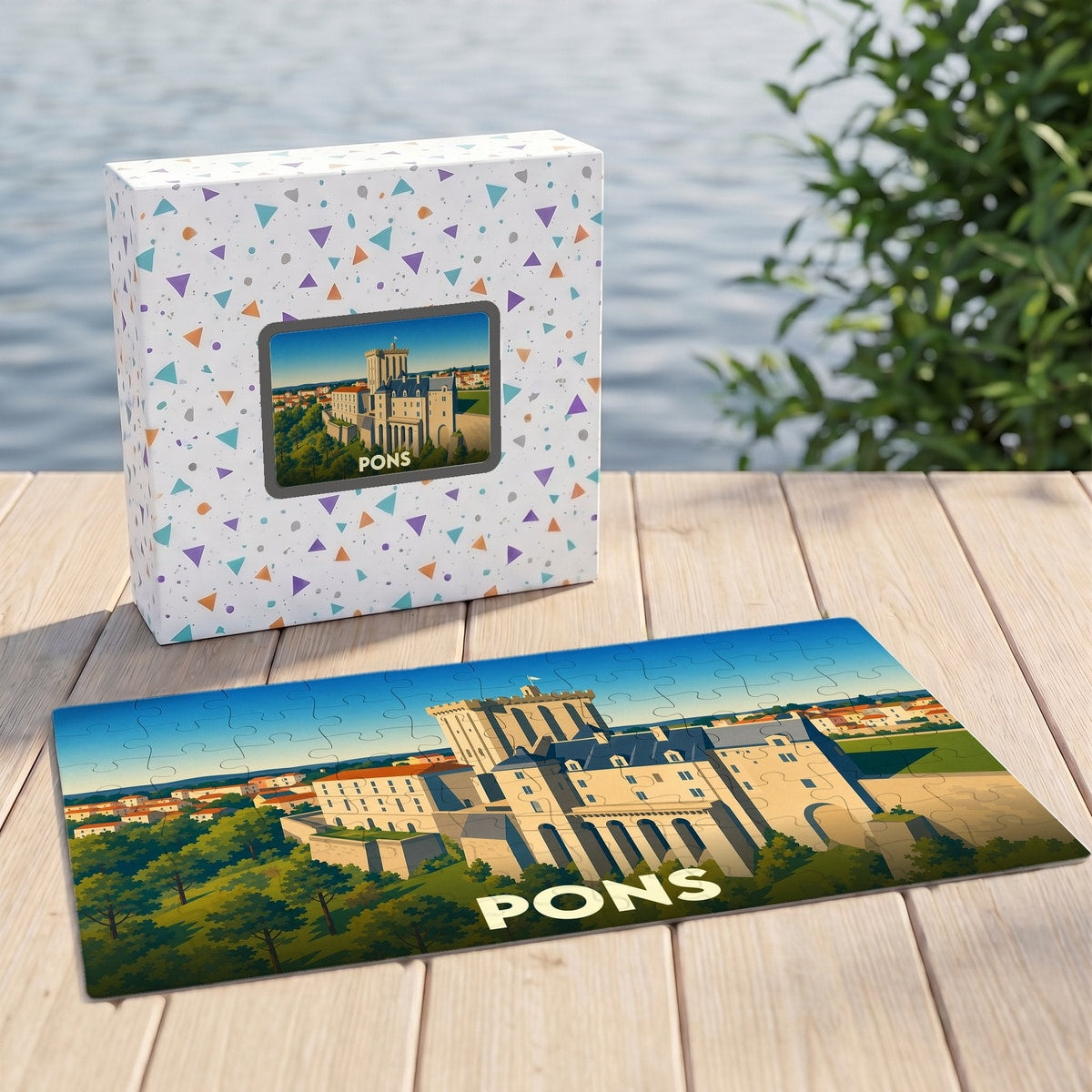 Puzzle souvenir de la ville de Pons avec une illustration stylisée du château médiéval.