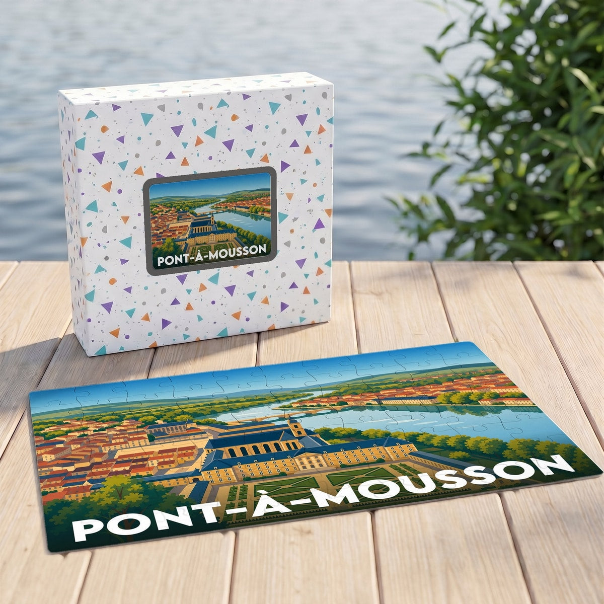 Puzzle souvenir de la ville de Pont-à-Mousson avec une illustration stylisée et colorée.