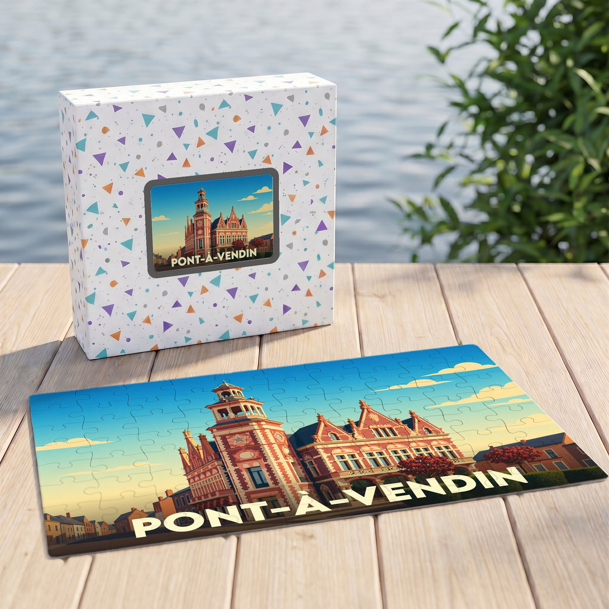 Puzzle souvenir de la ville de Pont-à-Vendin avec une illustration stylisée.