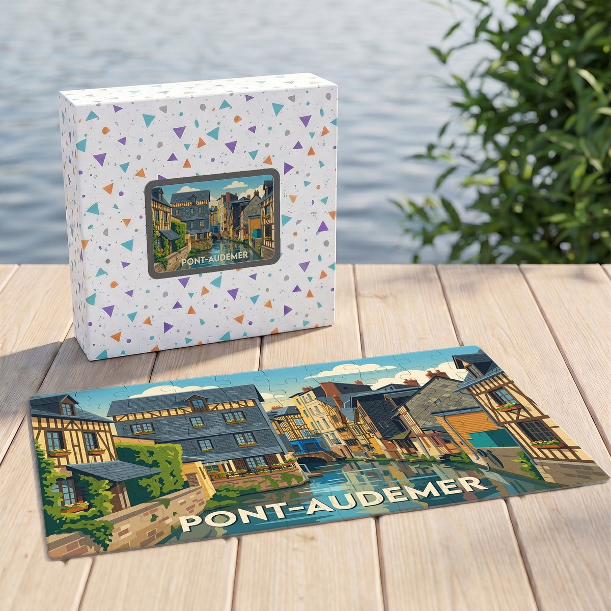 Puzzle souvenir de la ville de Pont-Audemer avec une illustration stylisée de ses canaux et maisons à colombages.