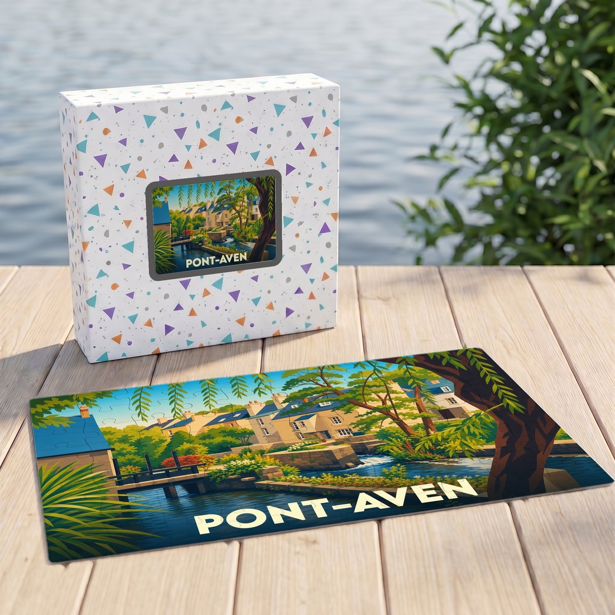 Puzzle souvenir de la ville de Pont-Aven avec une illustration stylisée d'un paysage fluvial.