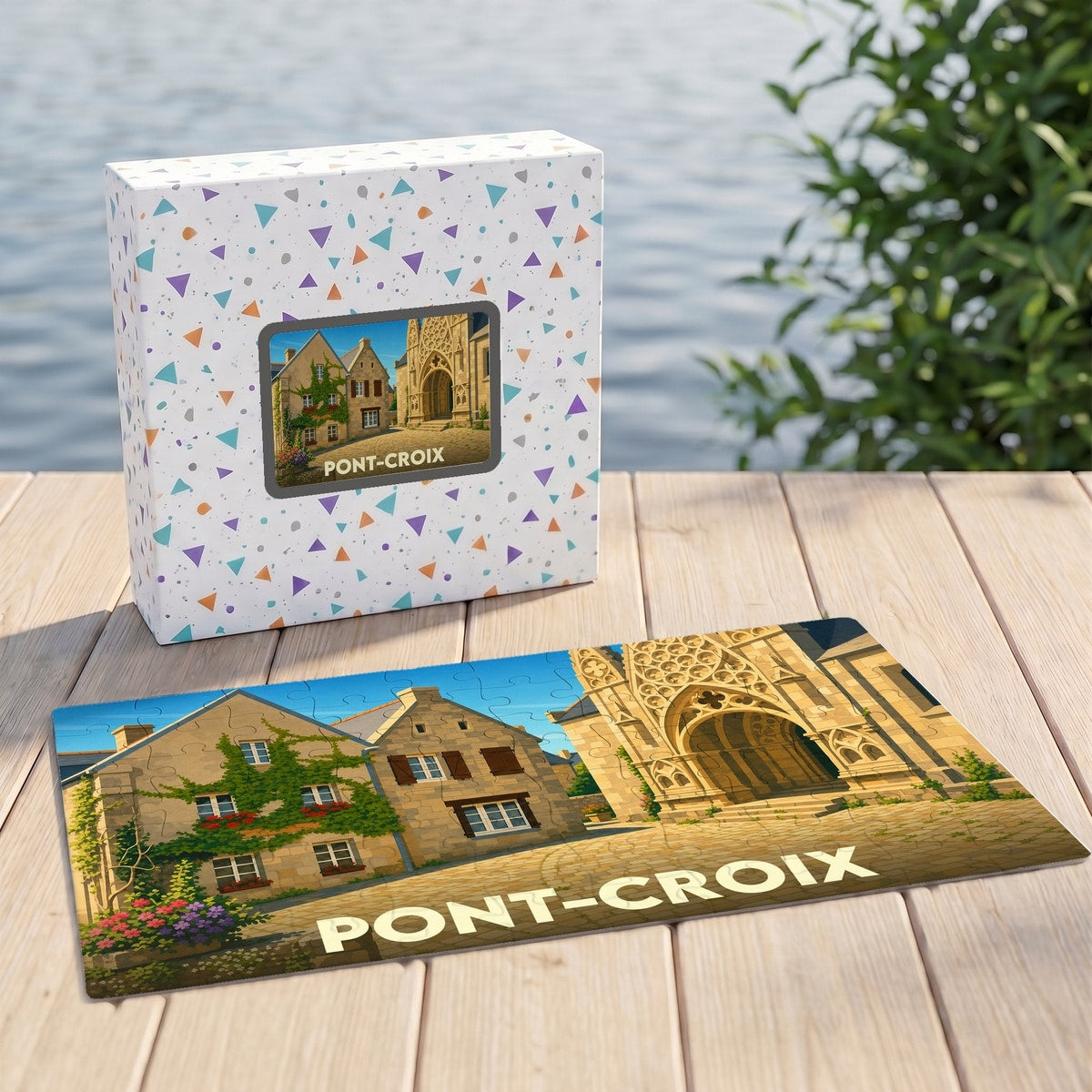 Puzzle souvenir de la ville de Pont-Croix avec une illustration stylisée d'une église et de maisons anciennes.