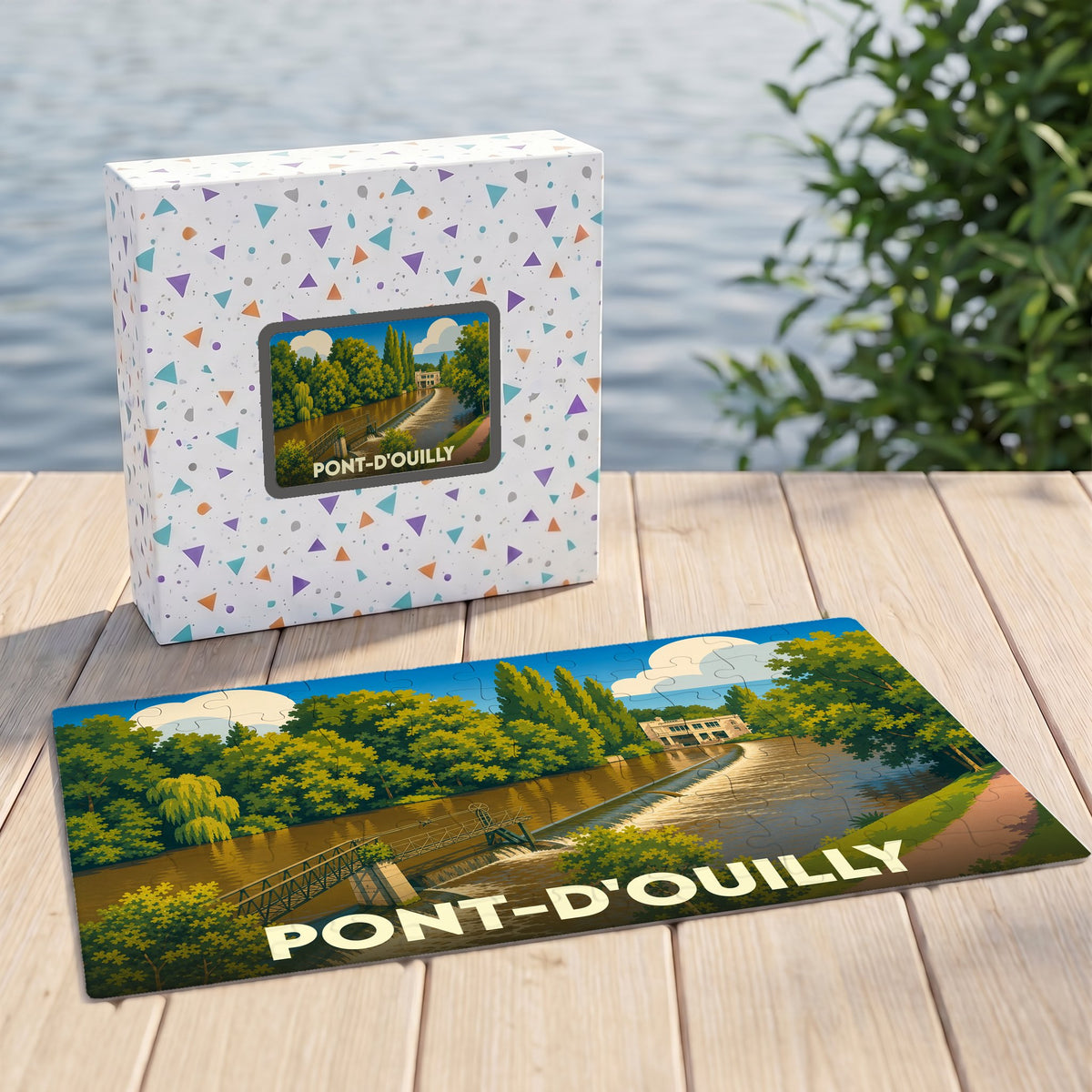 Puzzle souvenir de la ville de Pont-d'Ouilly illustré par un paysage de rivière stylisé.