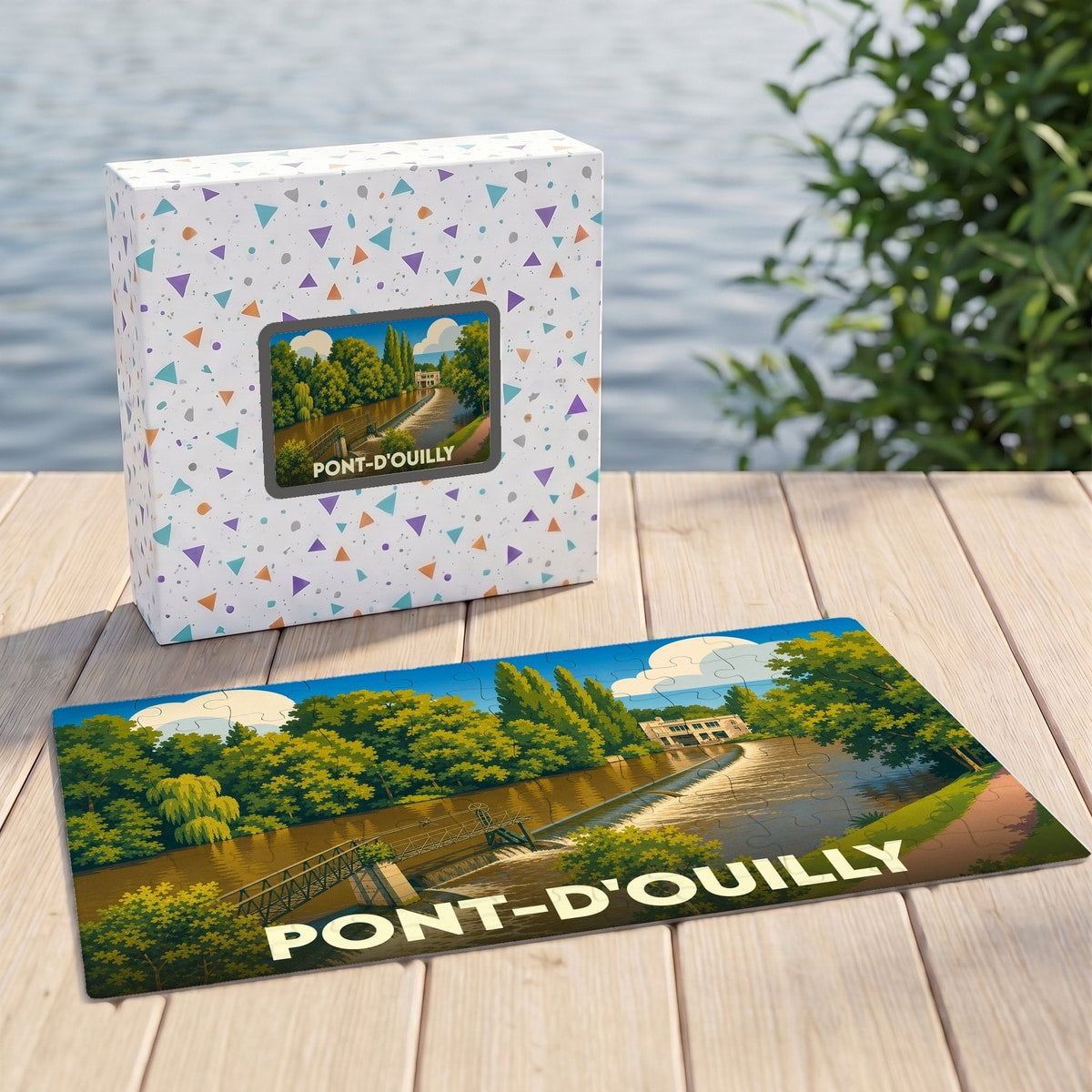 Puzzle souvenir de la ville de Pont-d'Ouilly illustré par un paysage de rivière stylisé.