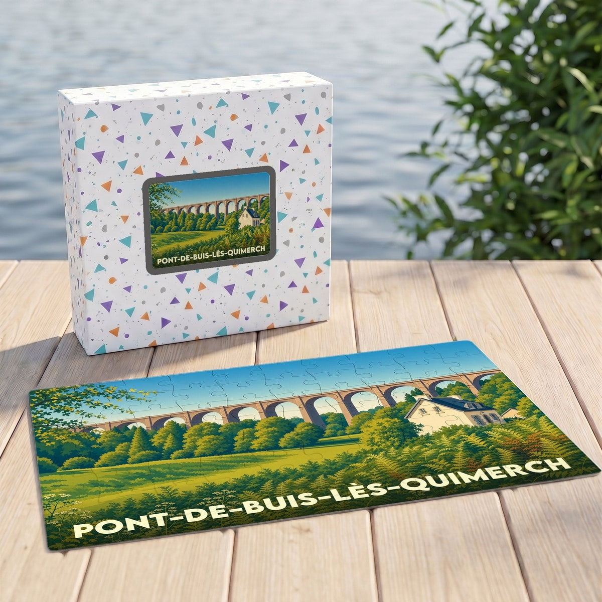 Puzzle souvenir de la ville de Pont-de-Buis-lès-Quimerch représentant un viaduc et sa boîte assortie.