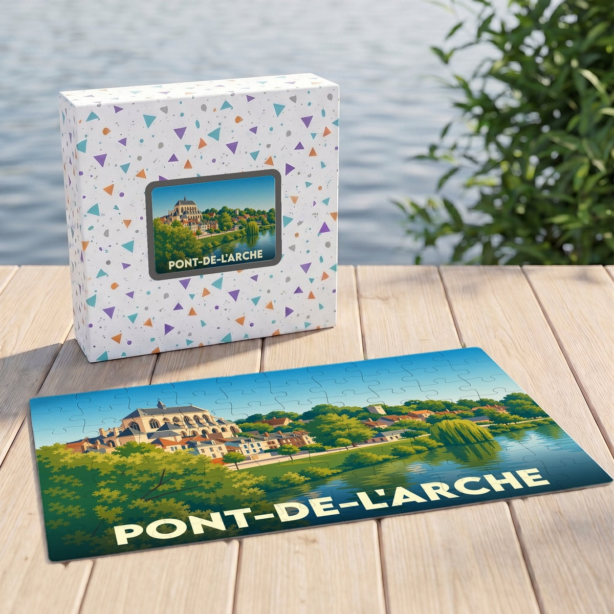 Puzzle souvenir de la ville de Pont-de-l'Arche avec une illustration stylisée et sa boîte assortie.