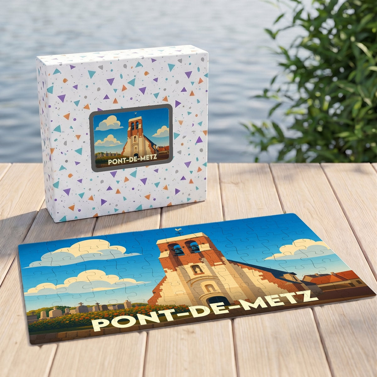 Puzzle souvenir de la ville de Pont-de-Metz avec une illustration stylisée d'une église sous un ciel bleu.