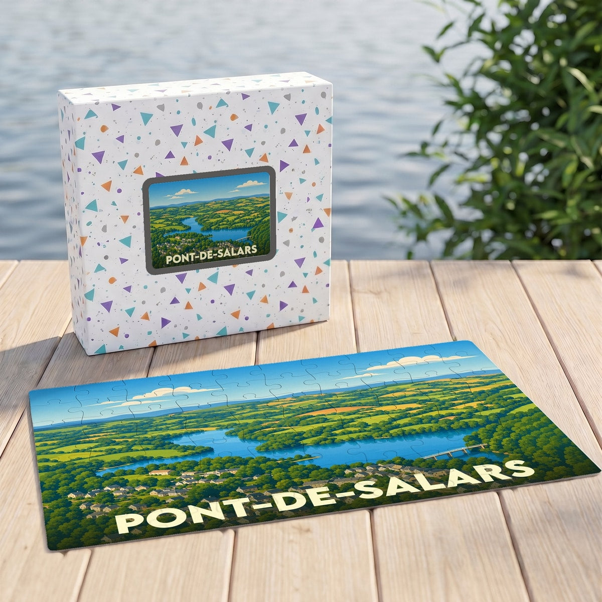 Puzzle souvenir de la ville de Pont-de-Salars avec une illustration paysagère stylisée.