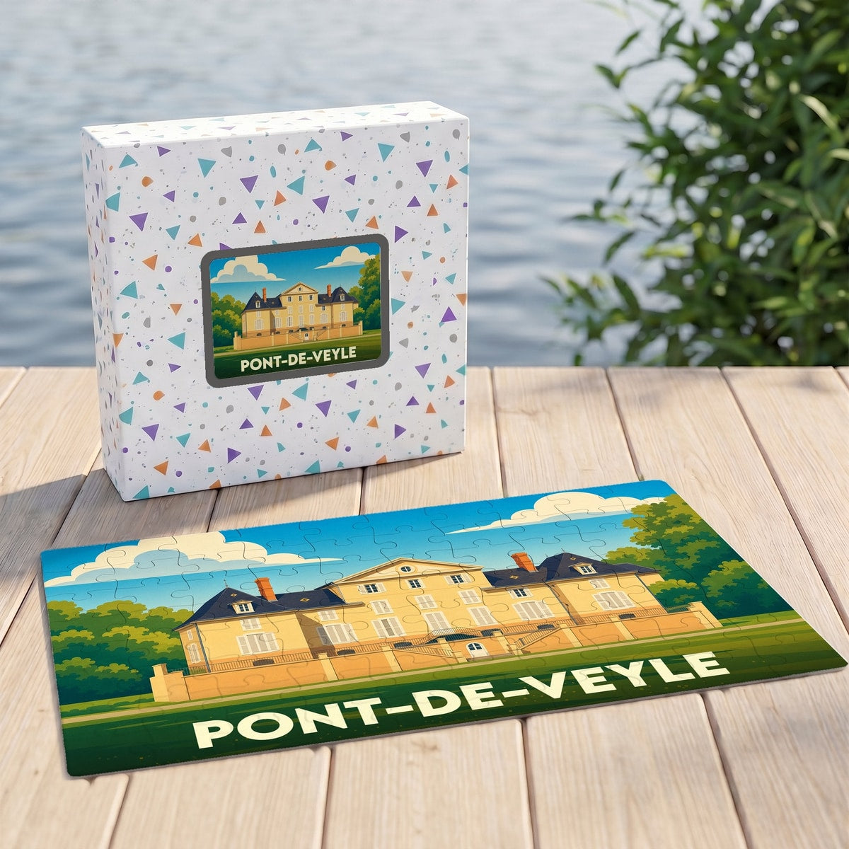 Puzzle souvenir de la ville de Pont-de-Veyle avec une illustration stylisée d'un château.