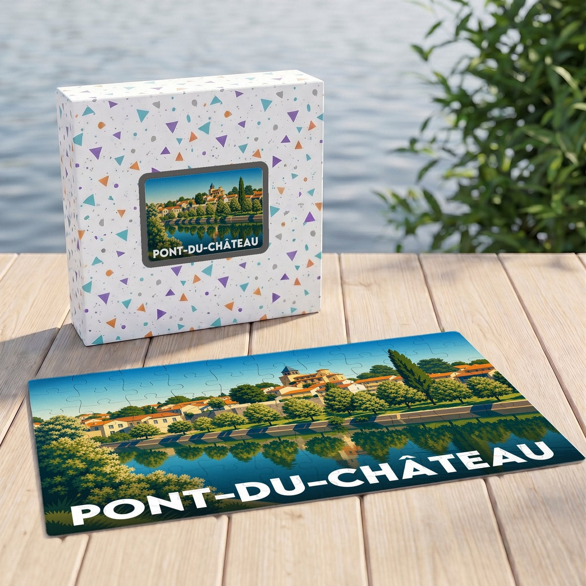 Puzzle souvenir de la ville de Pont-du-Château avec une illustration stylisée et colorée.