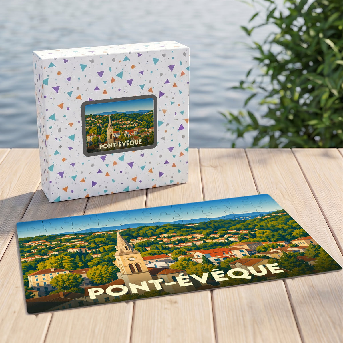 Puzzle souvenir de la ville de Pont-Évêque présentant une illustration stylisée et colorée de son paysage urbain.