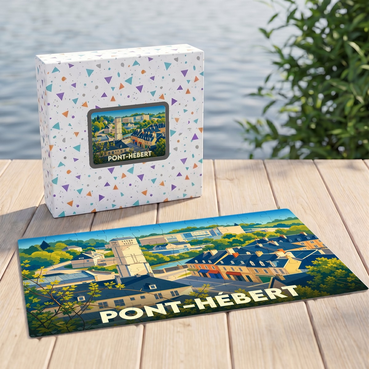 Puzzle souvenir de la ville de Pont-Hébert avec une illustration stylisée et colorée.