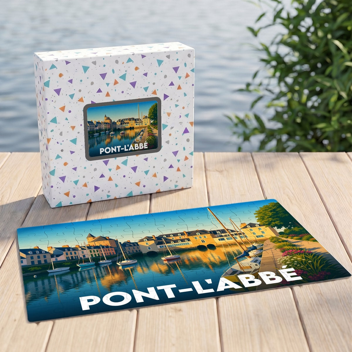 Puzzle souvenir de la ville de Pont-l'Abbé avec une illustration stylisée et colorée de son port.