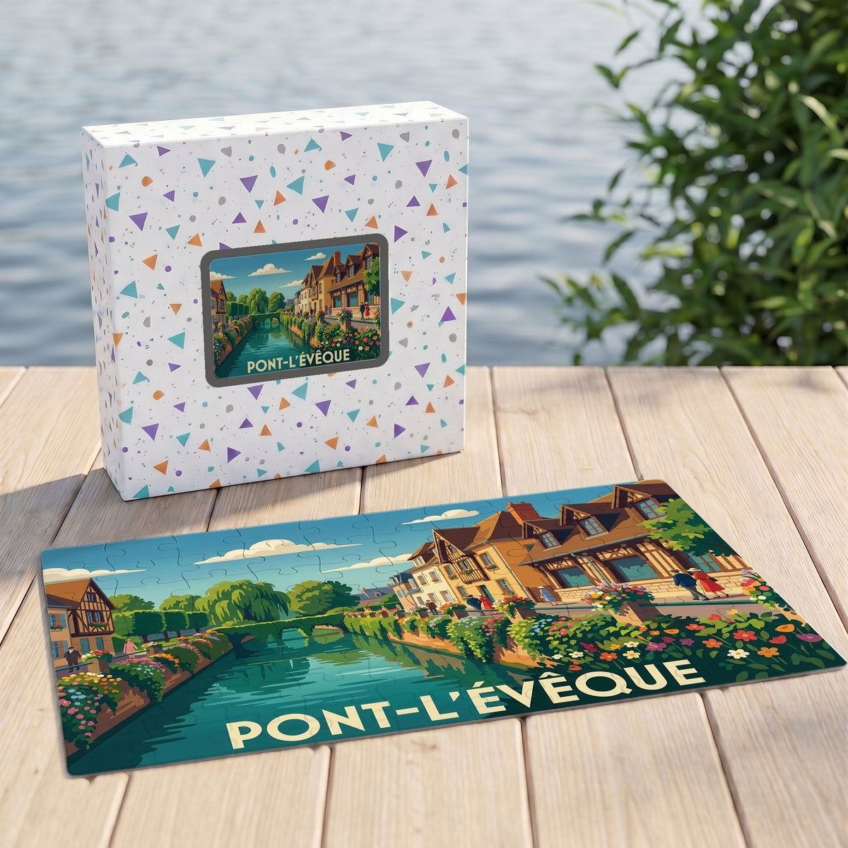 Puzzle souvenir de la ville de Pont-l'Évêque avec une illustration stylisée de ses canaux fleuris.
