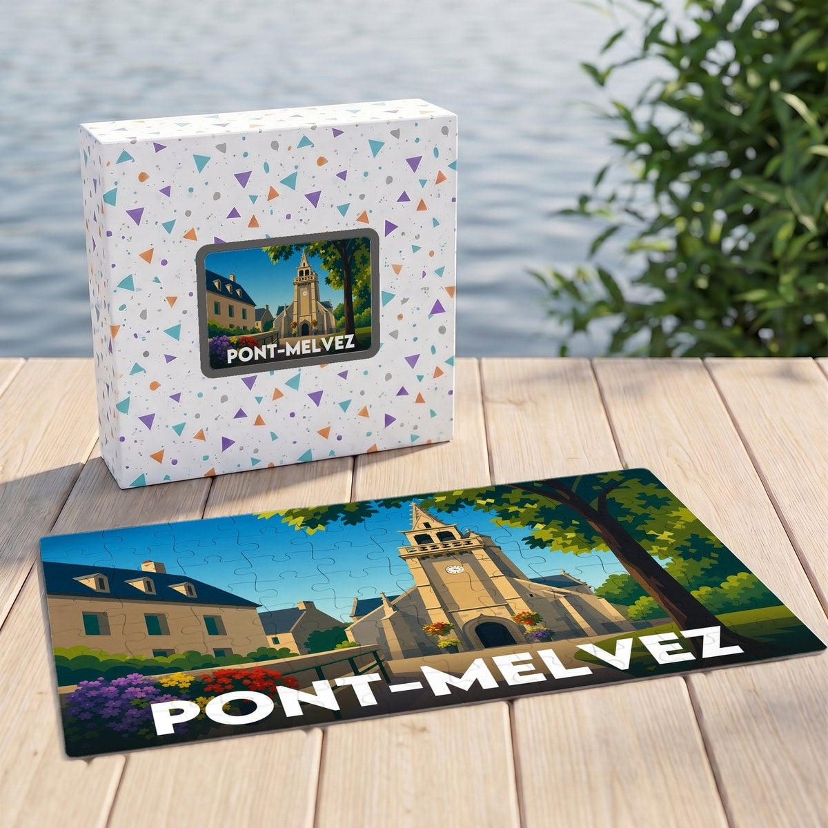 Puzzle souvenir de la ville de Pont-Melvez avec une illustration stylisée.