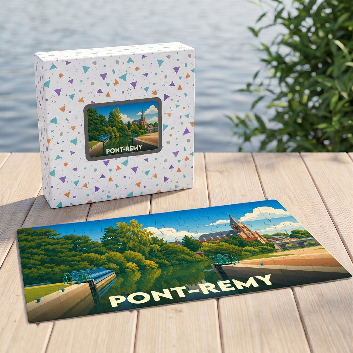 Puzzle souvenir de la ville de Pont-Remy avec une illustration stylisée d'un paysage fluvial.