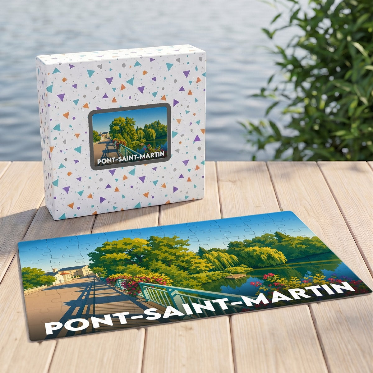 Puzzle souvenir de la ville de Pont-Saint-Martin avec une illustration stylisée d'un pont fleuri au bord de l'eau.