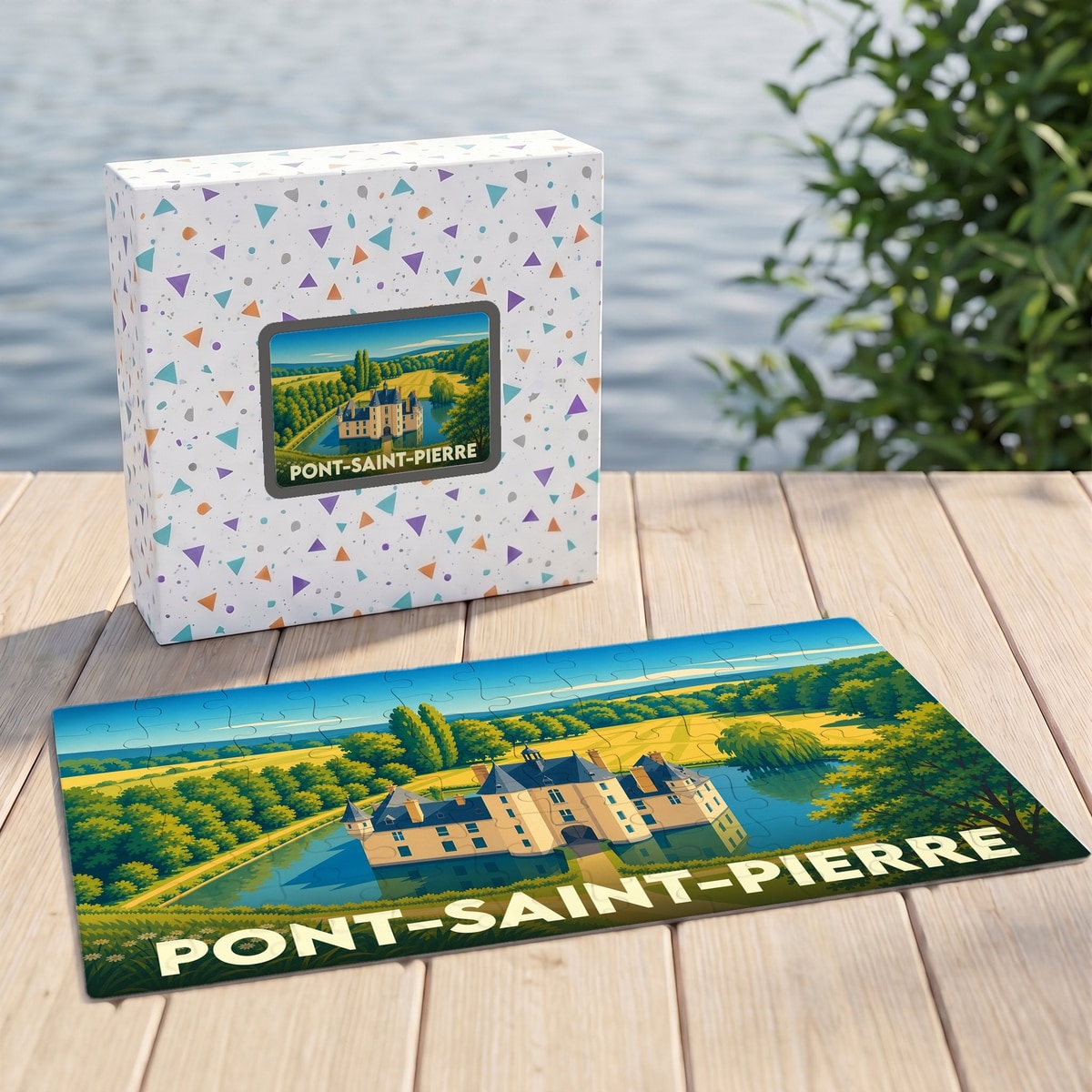 Puzzle souvenir de la ville de Pont-Saint-Pierre avec une illustration stylisée d'un château au bord de l'eau.