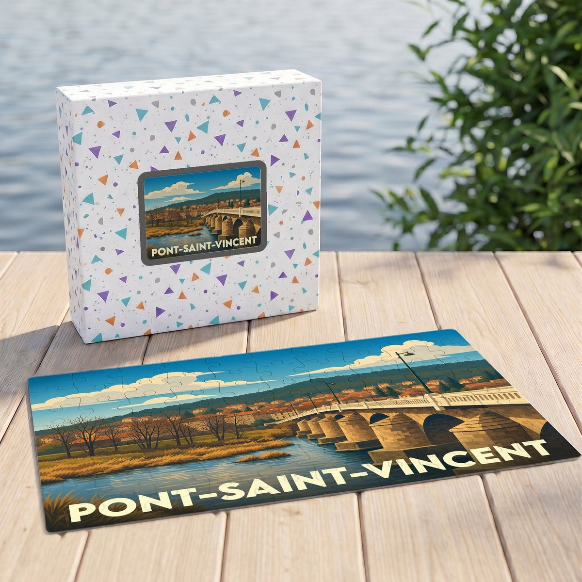 Puzzle souvenir de la ville de Pont-Saint-Vincent illustrant son pont et ses paysages dans un style vintage.