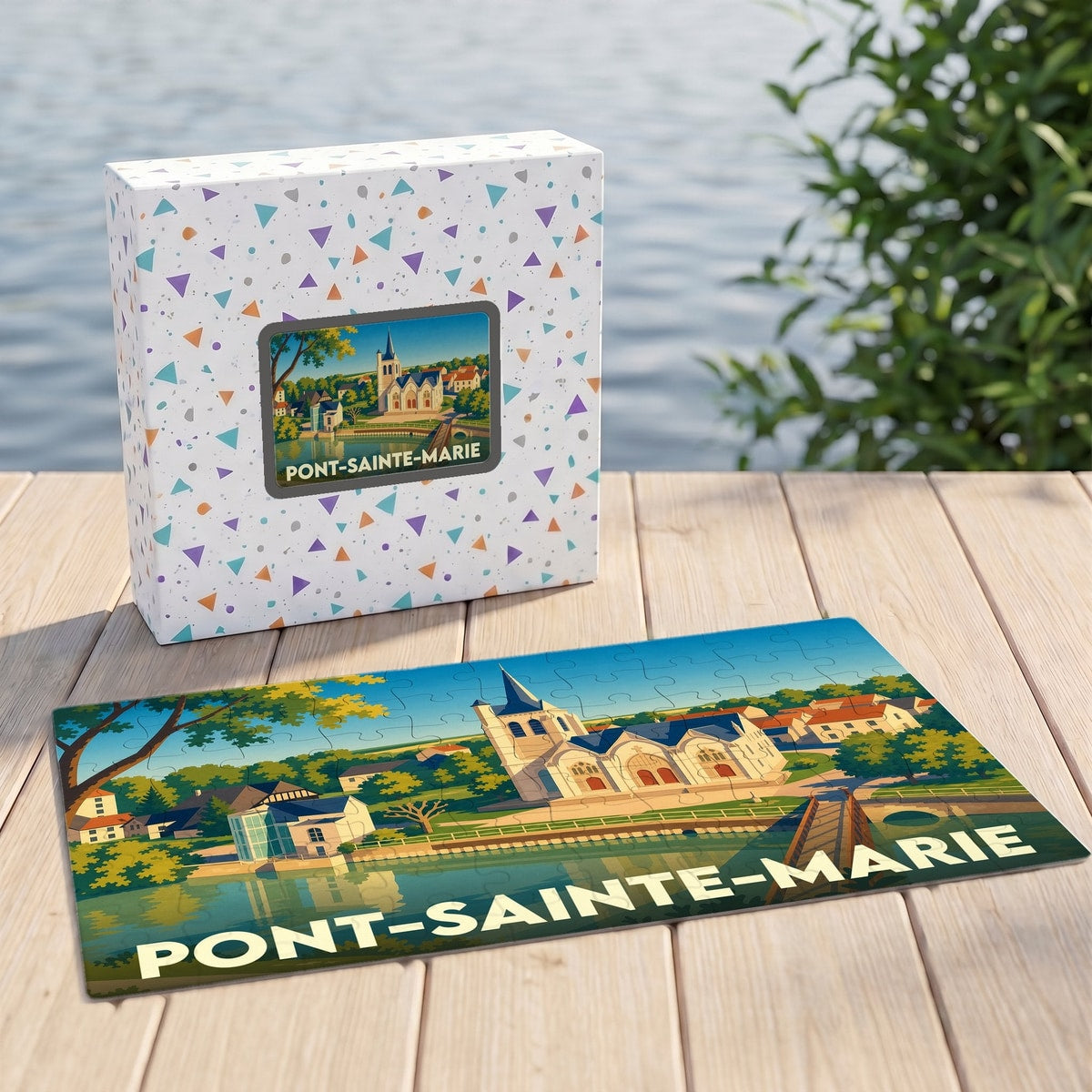 Puzzle souvenir de la ville de Pont-Sainte-Marie avec une illustration stylisée et colorée.