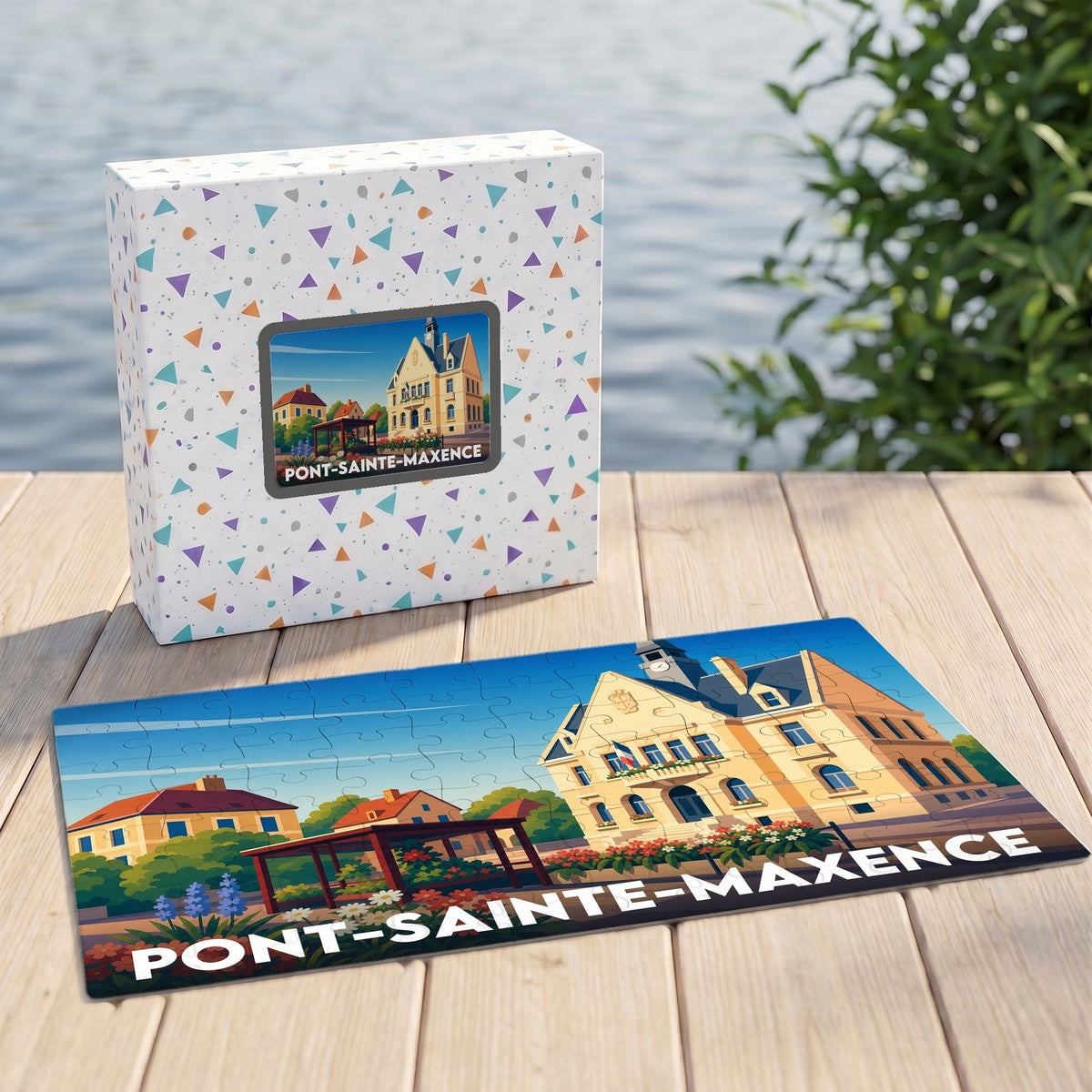 Puzzle souvenir de la ville de Pont-Sainte-Maxence avec une illustration stylisée et sa boîte assortie.