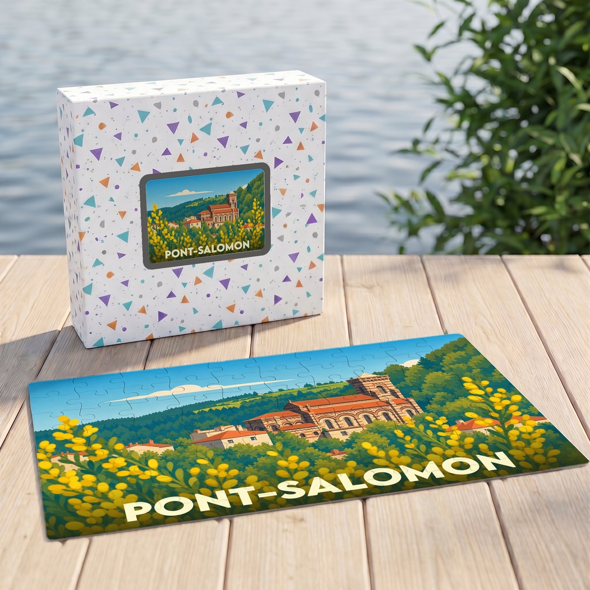 Puzzle souvenir de la ville de Pont-Salomon avec une illustration stylisée d'un bâtiment historique entouré de fleurs jaunes.