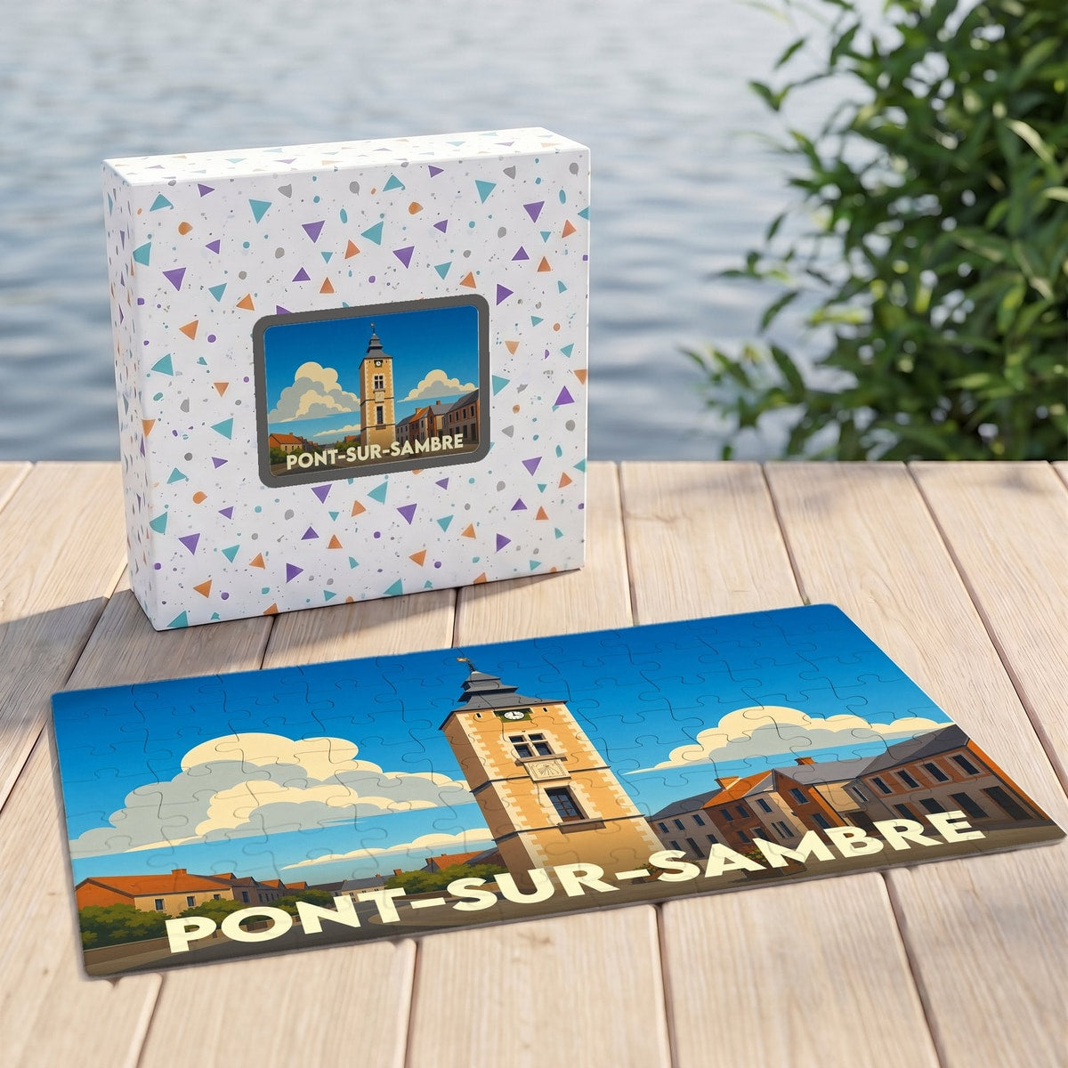 Puzzle souvenir de la ville de Pont-sur-Sambre avec une illustration stylisée et sa boîte assortie.