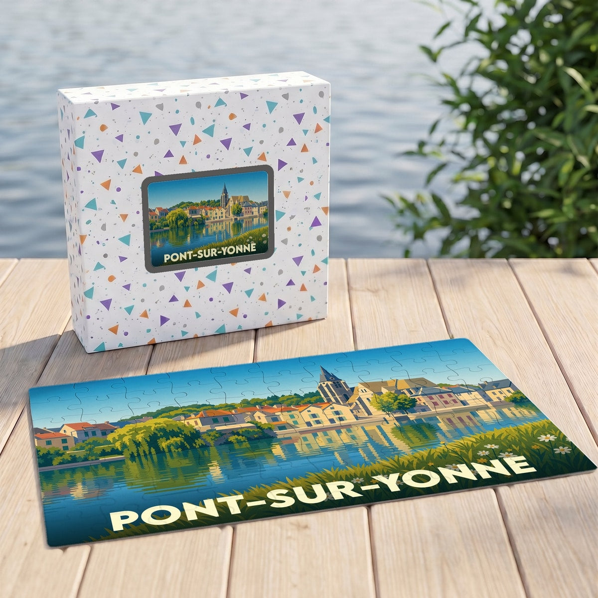 Puzzle souvenir de la ville de Pont-sur-Yonne avec une illustration stylisée des bords de l'Yonne.